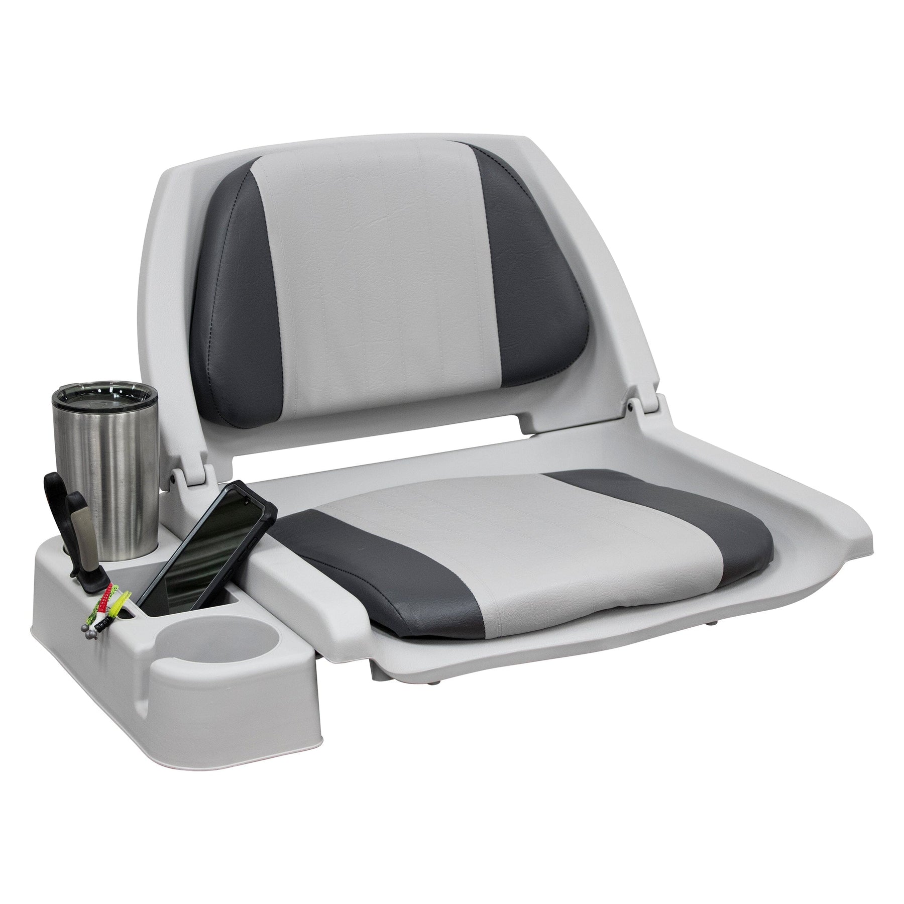 Helm & passenger seats w/molded storage boxes below & 2 fold-down